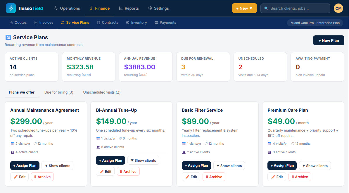 Service Plans screen