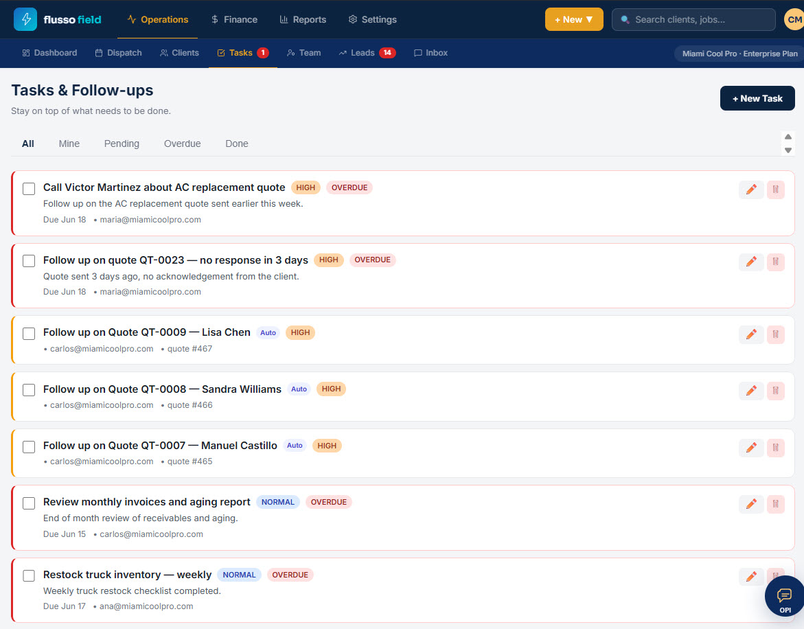 Tasks screen